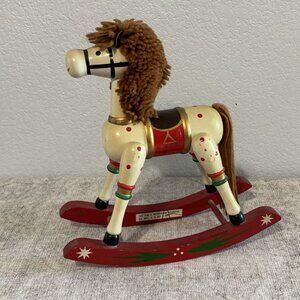 Vintage Hand Painted Wooden Rocking Horse Christmas Figurine Folk Art Decor